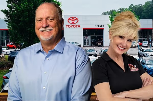 Dave Baker and Mrs. Linda outside Beaver Toyota in Cumming, Georgia